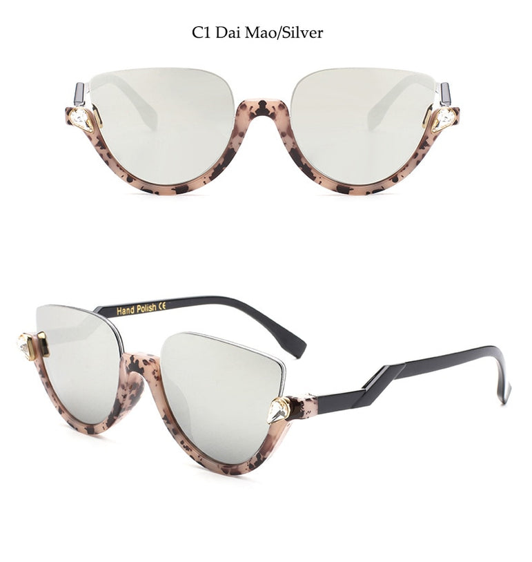 Clear Lens Rhinestone Vintage Half Frame Cat Eye Sunglasses