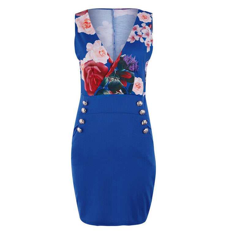 Casual Floral Print Button Bodycon Dress