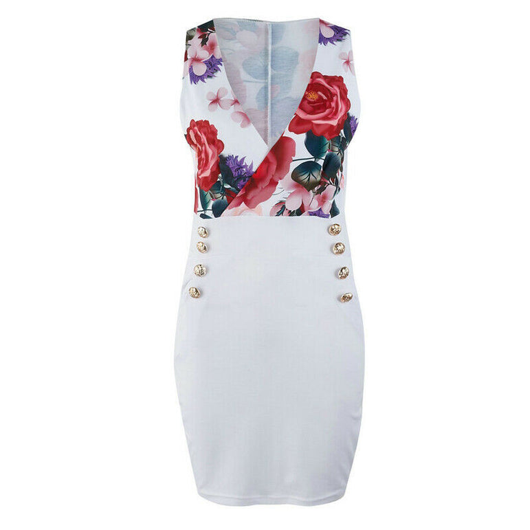 Casual Floral Print Button Bodycon Dress