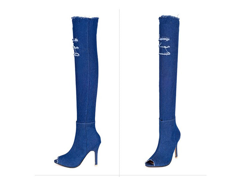 Over The Knee Peep Toe Denim High Heel Boot