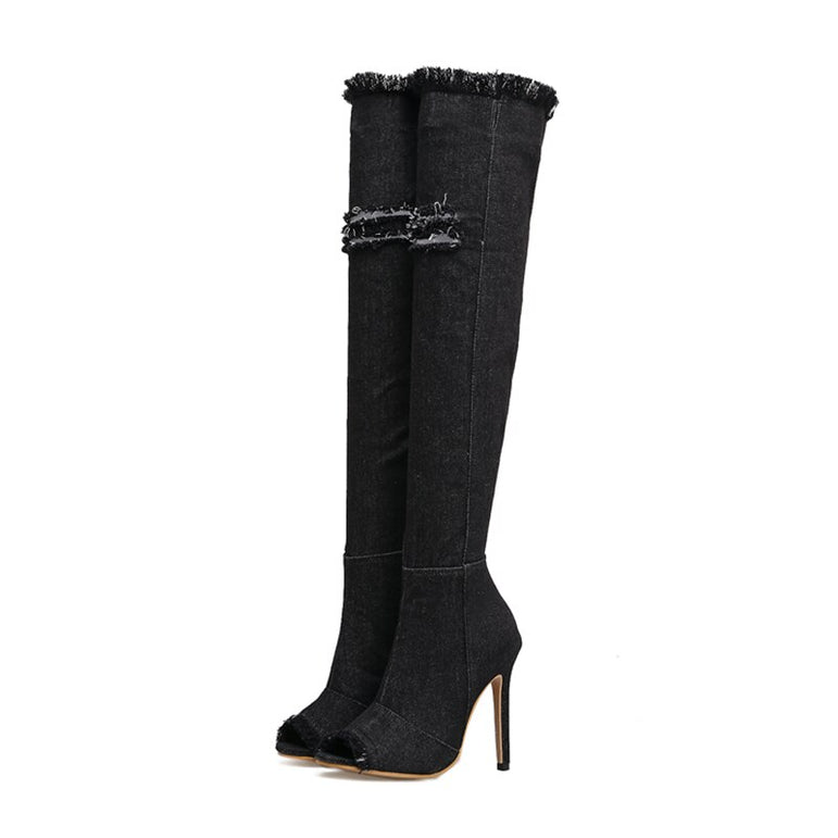 Over The Knee Peep Toe Denim High Heel Boot