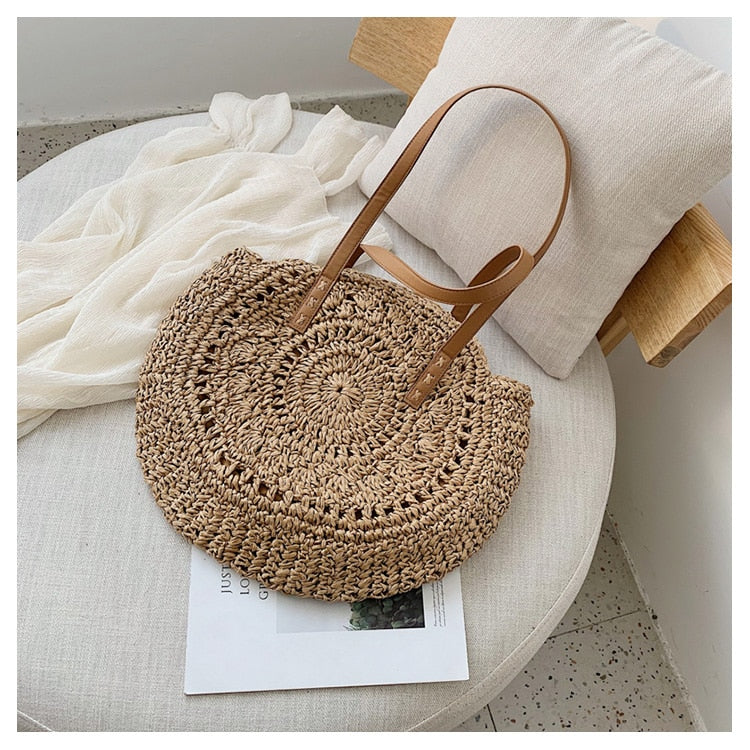 Casual Rattan Women Shoulder Circle Straw Handbags