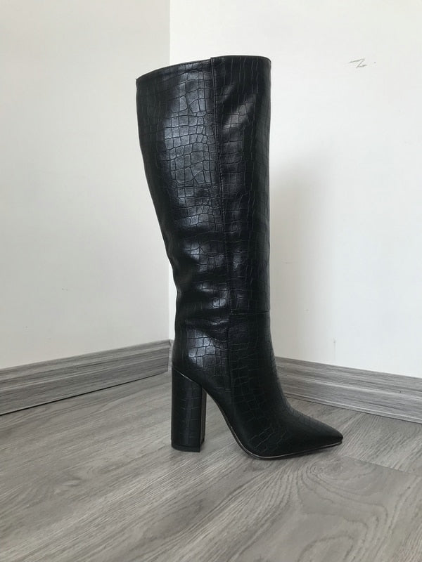 Leather Faux Pointed Toe Knee Chunky High Boots