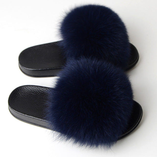 Furry Plush Fox Hair Women Fur Fluffy Flat Home Slippers