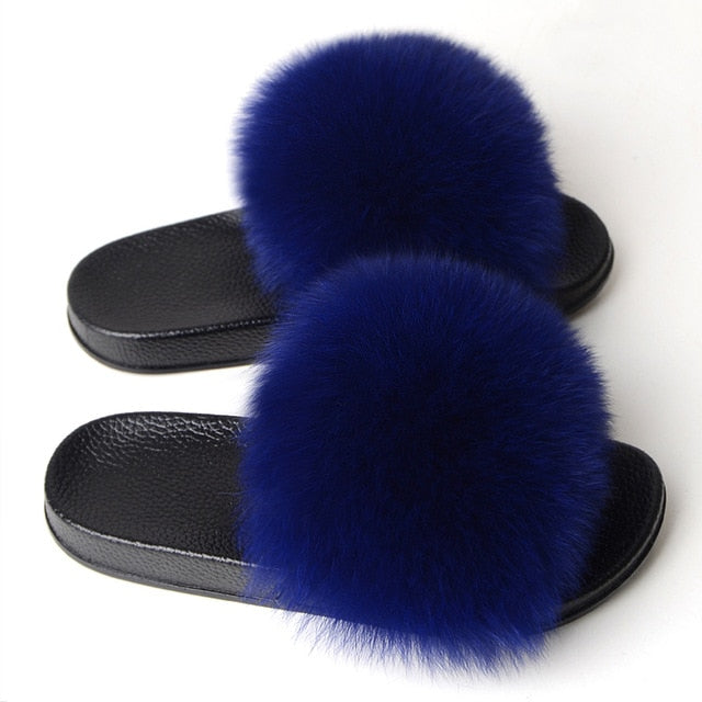 Furry Plush Fox Hair Women Fur Fluffy Flat Home Slippers