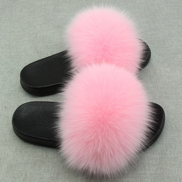 Furry Plush Fox Hair Women Fur Fluffy Flat Home Slippers