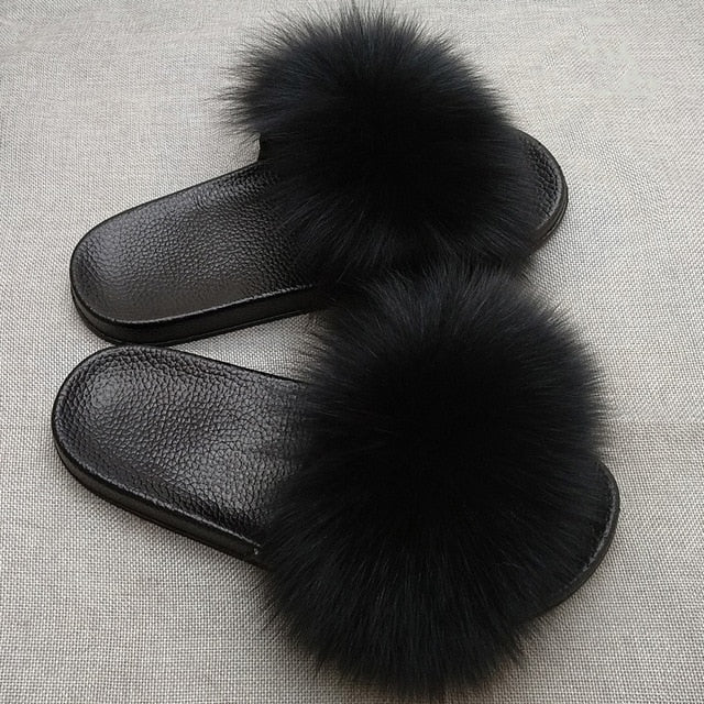 Furry Plush Fox Hair Women Fur Fluffy Flat Home Slippers