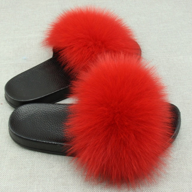 Furry Plush Fox Hair Women Fur Fluffy Flat Home Slippers