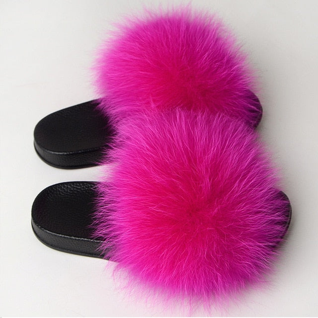 Furry Plush Fox Hair Women Fur Fluffy Flat Home Slippers