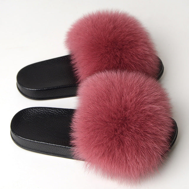 Furry Plush Fox Hair Women Fur Fluffy Flat Home Slippers