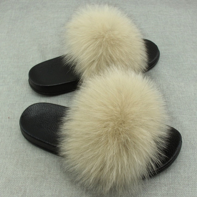 Furry Plush Fox Hair Women Fur Fluffy Flat Home Slippers