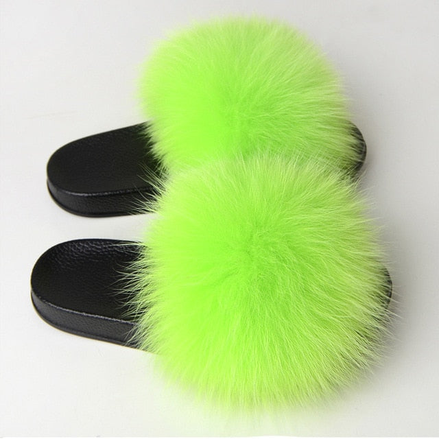 Furry Plush Fox Hair Women Fur Fluffy Flat Home Slippers