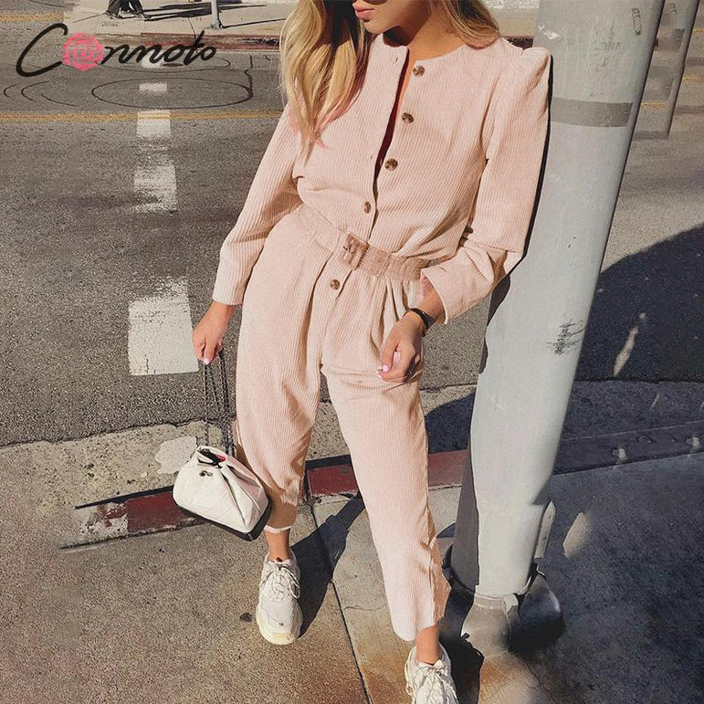 Casual Overalls Corduroy Light Pink Jumpsuits