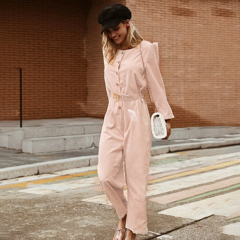 Casual Overalls Corduroy Light Pink Jumpsuits