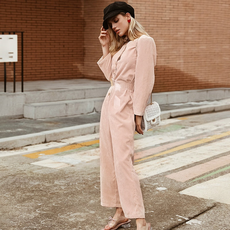 Casual Overalls Corduroy Light Pink Jumpsuits