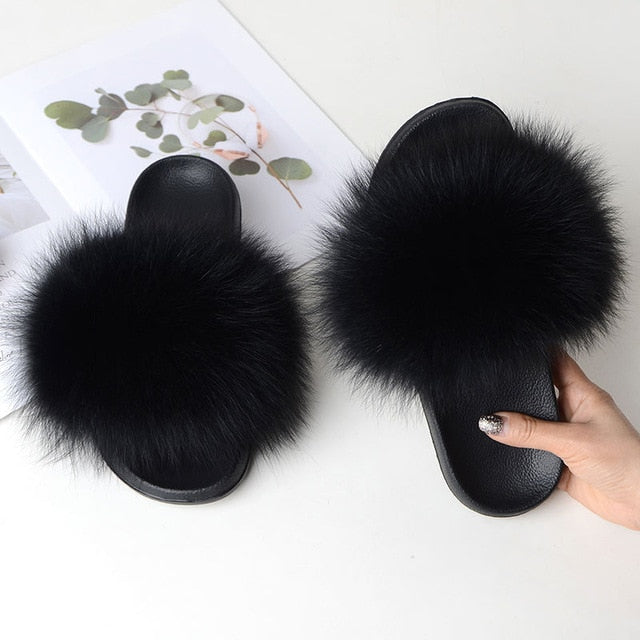 Indoor Furry Home Women Warm Fox Fur Slippers