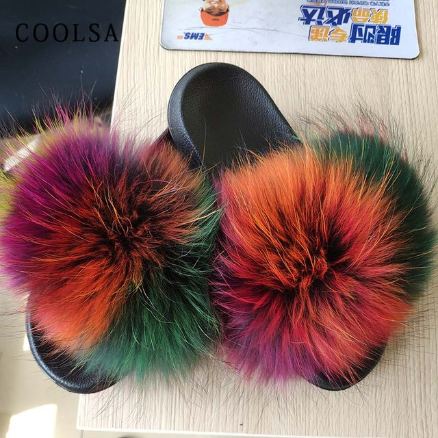 Indoor Furry Home Women Warm Fox Fur Slippers