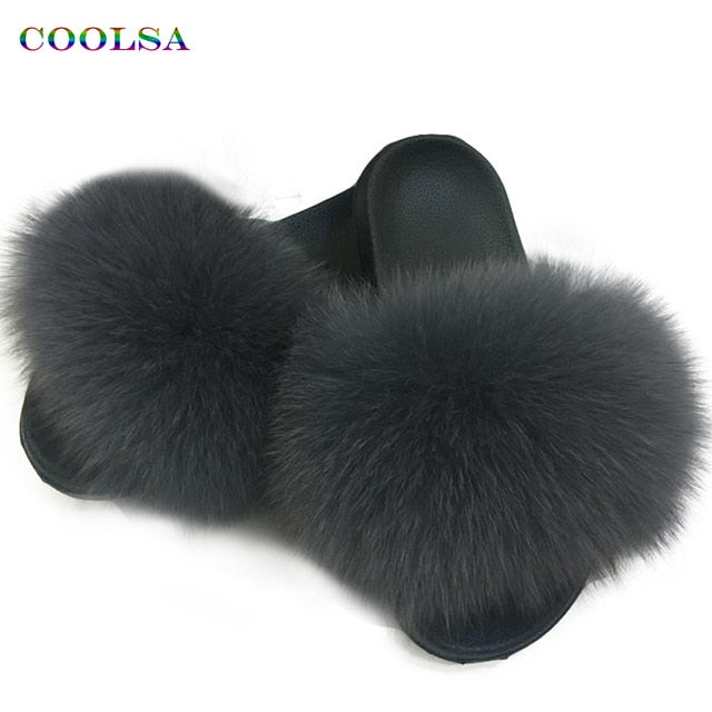 Indoor Furry Home Women Warm Fox Fur Slippers