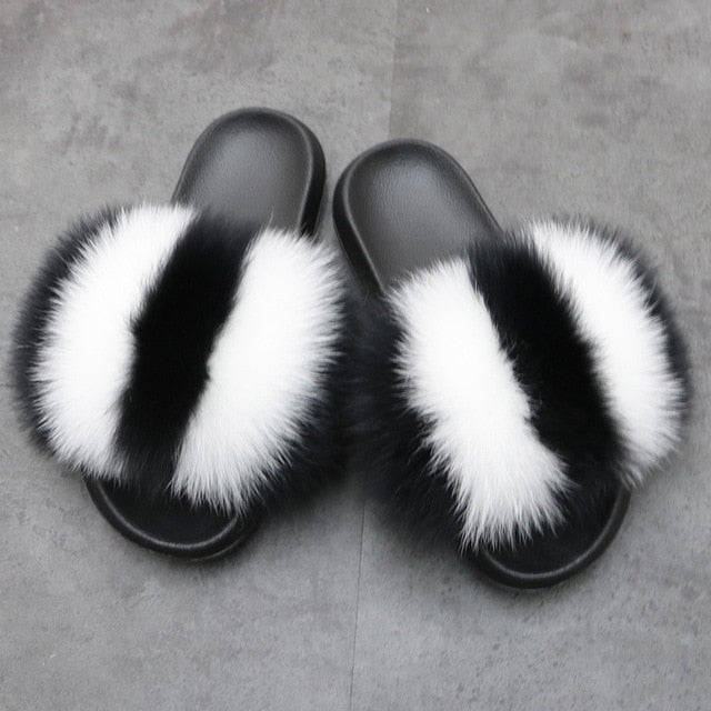 Indoor Furry Home Women Warm Fox Fur Slippers