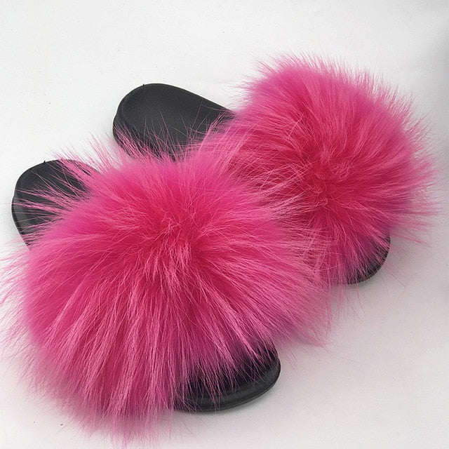 Indoor Furry Home Women Warm Fox Fur Slippers