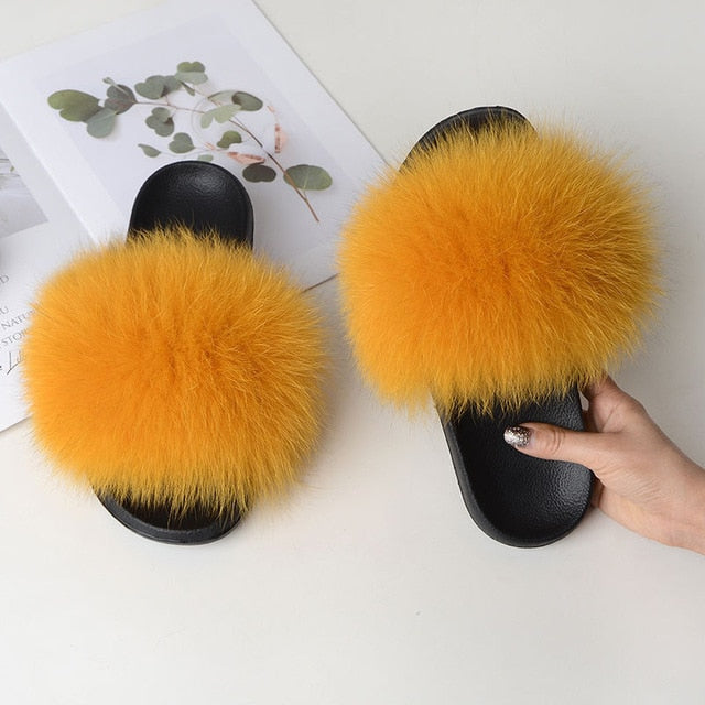 Indoor Furry Home Women Warm Fox Fur Slippers