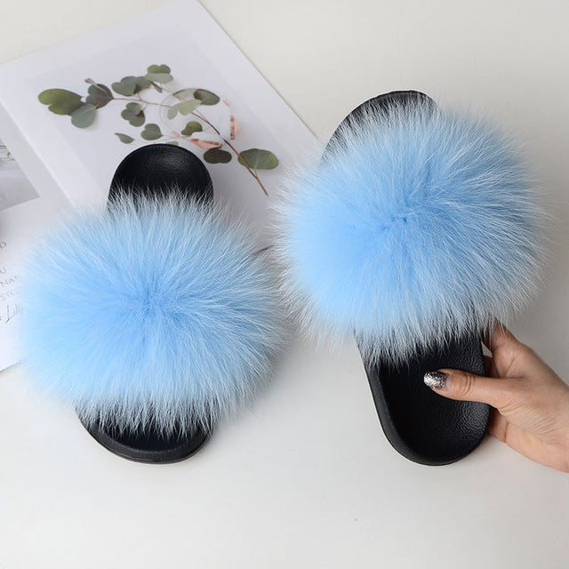 Indoor Furry Home Women Warm Fox Fur Slippers