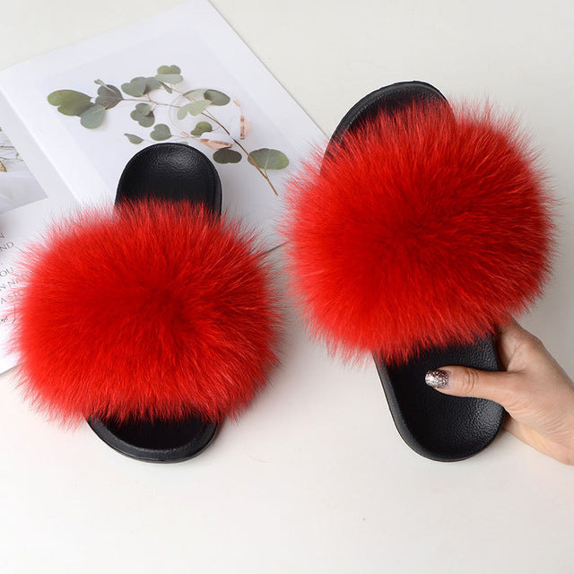 Indoor Furry Home Women Warm Fox Fur Slippers