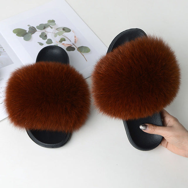 Indoor Furry Home Women Warm Fox Fur Slippers