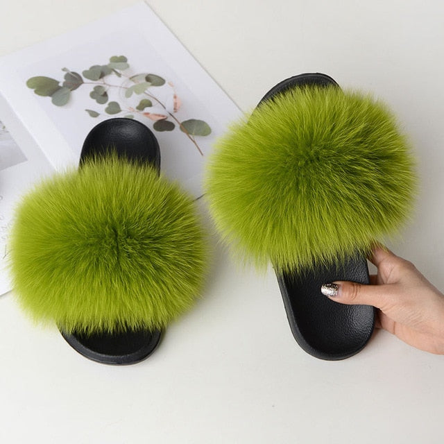 Indoor Furry Home Women Warm Fox Fur Slippers