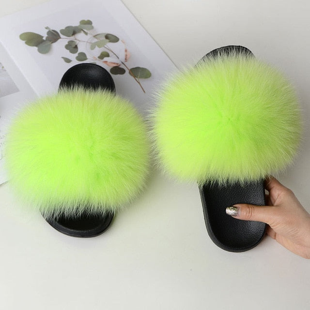 Indoor Furry Home Women Warm Fox Fur Slippers