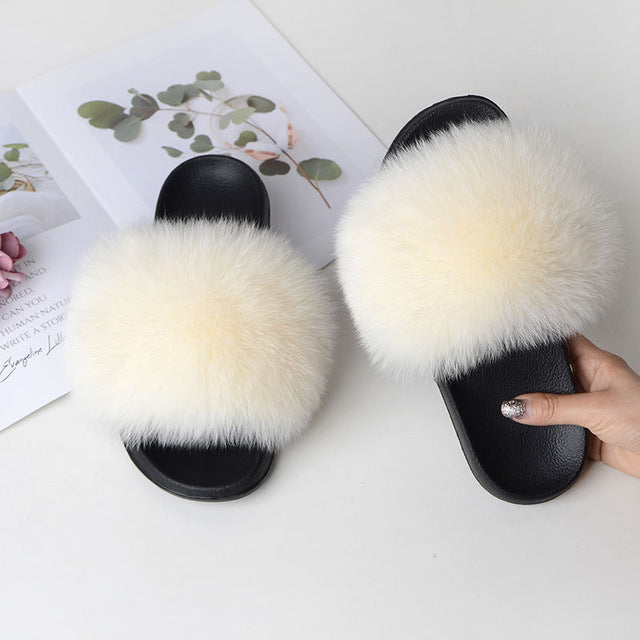 Indoor Furry Home Women Warm Fox Fur Slippers