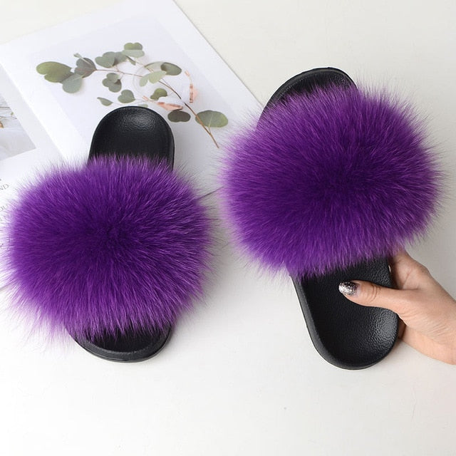 Indoor Furry Home Women Warm Fox Fur Slippers