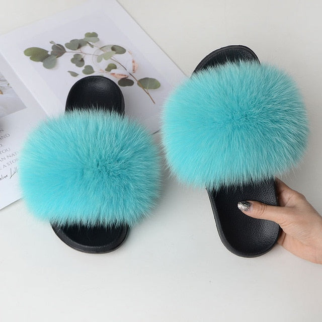 Indoor Furry Home Women Warm Fox Fur Slippers