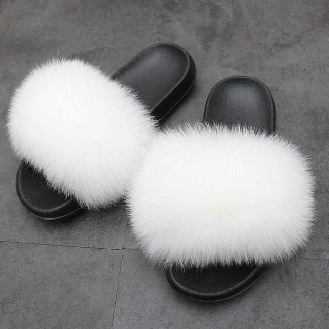 Indoor Furry Home Women Warm Fox Fur Slippers