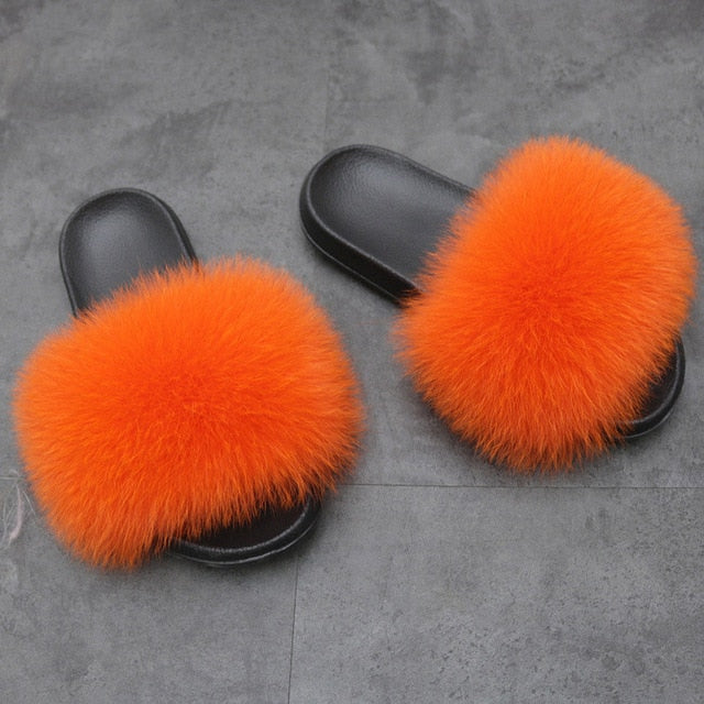 Indoor Furry Home Women Warm Fox Fur Slippers