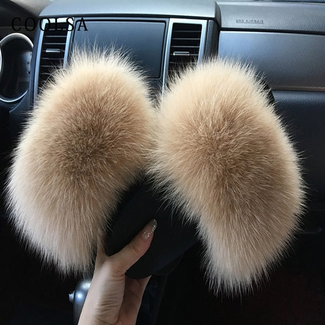 Indoor Furry Home Women Warm Fox Fur Slippers