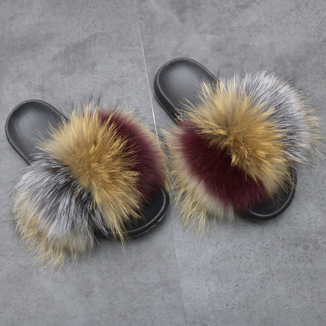 Indoor Furry Home Women Warm Fox Fur Slippers