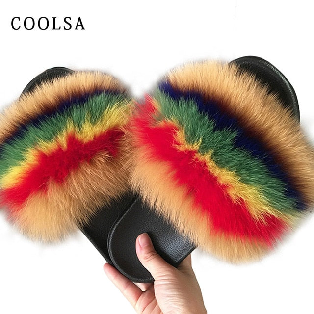 Indoor Furry Home Women Warm Fox Fur Slippers