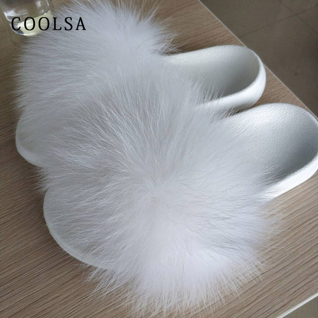 Indoor Furry Home Women Warm Fox Fur Slippers