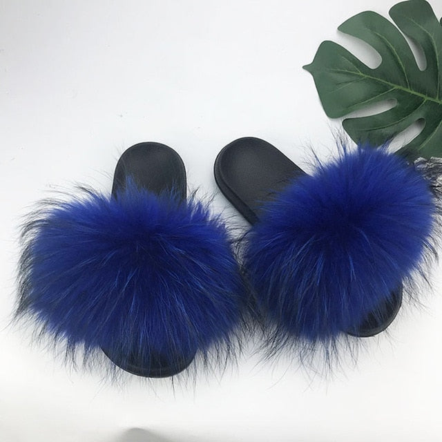 Indoor Furry Home Women Warm Fox Fur Slippers