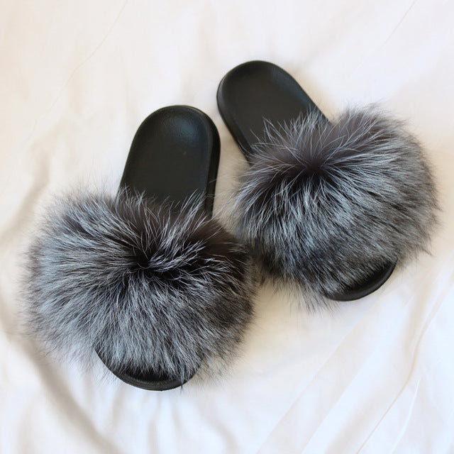 Indoor Furry Home Women Warm Fox Fur Slippers