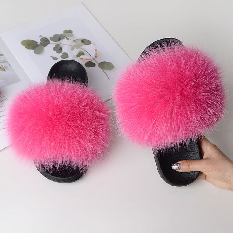 Indoor Furry Home Women Warm Fox Fur Slippers