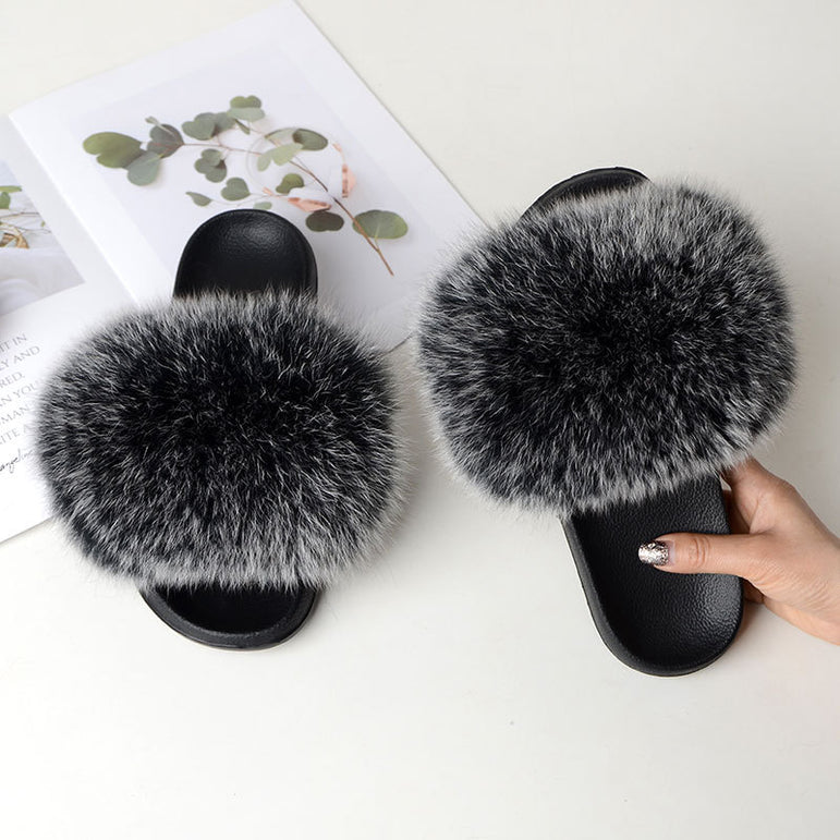 Indoor Furry Home Women Warm Fox Fur Slippers