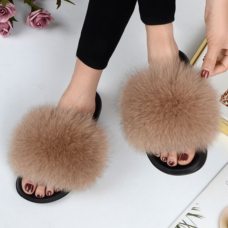 Indoor Furry Home Women Warm Fox Fur Slippers