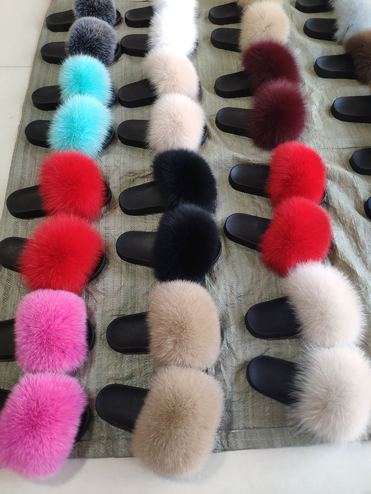 Indoor Furry Home Women Warm Fox Fur Slippers