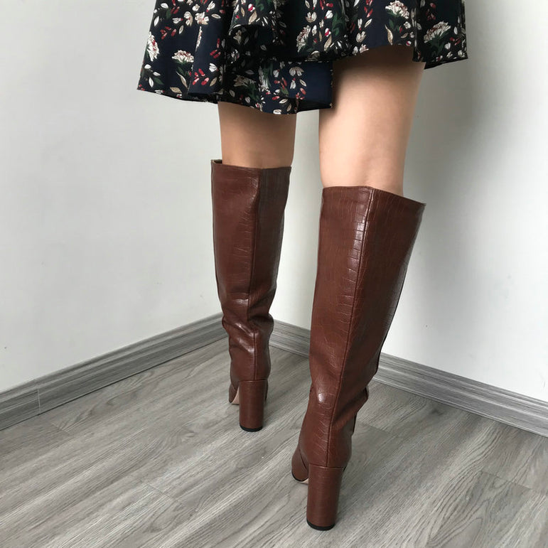 Leather Faux Pointed Toe Knee Chunky High Boots