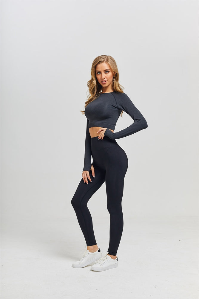 High Waist Long Sleeve Crop Top Seamless Yoga Set