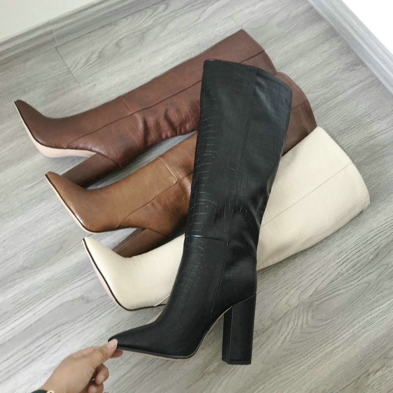 Leather Faux Pointed Toe Knee Chunky High Boots