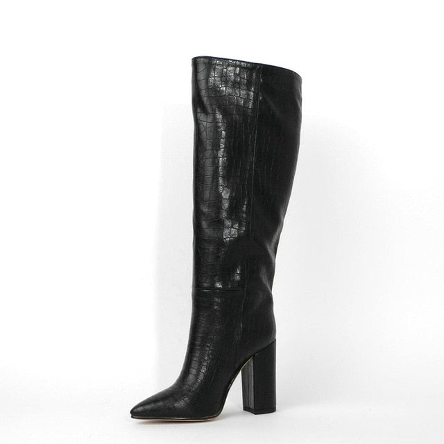 Leather Faux Pointed Toe Knee Chunky High Boots