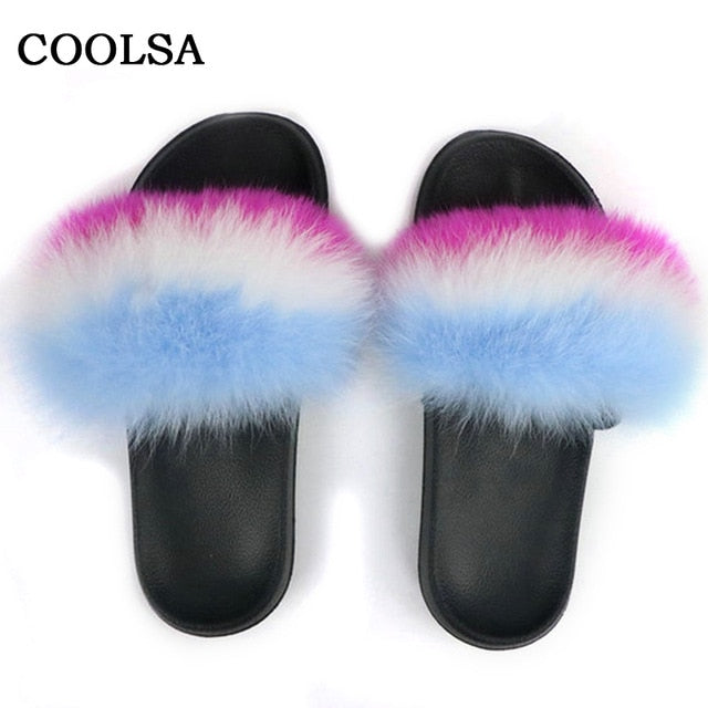 Real Fur Slides Female Indoor Women Fox Fur Slippers